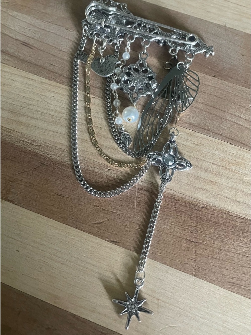 Multi-Chain Brooch Pin with Charms and Gems - Picture 7 of 8